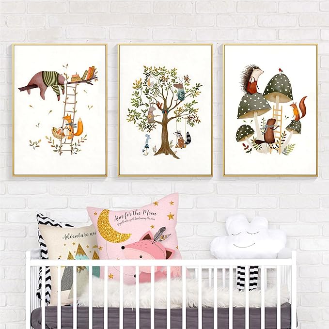 3Pcs Woodland Safari Animals Nursery Canvas Wall Art Baby Jungle Small Animal Wall Decor Pictures Tree Bear Rabbit Fox Hedgehog Kids Posters Prints for Classroom Children Bedroom Decoration Unframed