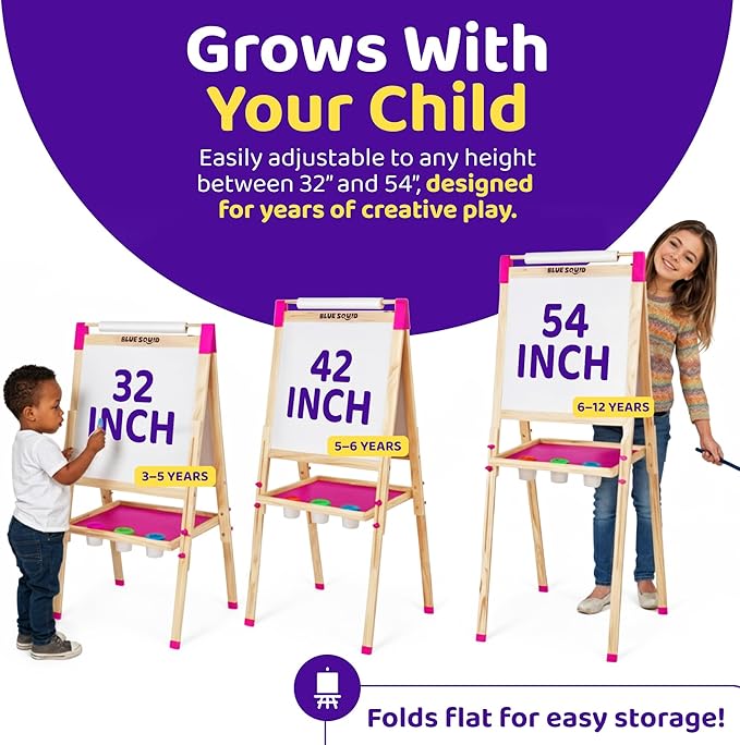 Blue Squid Art Easel for Kids with Paper Roll x 3, Includes 100+ Accessories, Double Sided Adjustable Wooden Painting Easel with Magnetic Chalk Board, White Board for Toddlers Ages 3,4,5,6,7,8,9,10,12