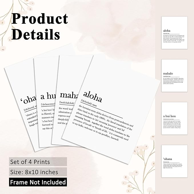 OFJE Inspirational Hawaiian Wall Wall Art Decor Prints Set of 4,Aloha, Mahalo, ʻOhana, A Hui Hou Minimalist Wall Art Posters Decor for Gratitude Family Hope, 8x10 Unframed