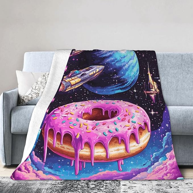 Donut Blanket Space Donut Decor Throw Blanket Super Soft Flannel Lightweight Fluffy Plush Cozy Fuzzy Fleece Food Blanket Gifts for Girl Boys Woman Man Kids Adults for Bed Sofa Couch 60"X80"
