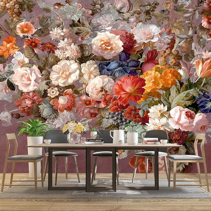 Colorful Floral Leaf Bathroom wallpeper Living Room Bedroom Pink Flower Wall Mural - 137"x96" (Not Peel and Stick)