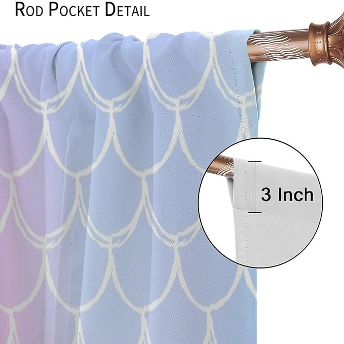 Fantasy Mermaid Curtain Rainbow Mermaid Scales Purple Pink Blue Ocean Theme Dream Blackout Window Treatment for Kids Boys Girls Bedroom Nursery Room Decor Rod Pocket Window Drapes 42x63in