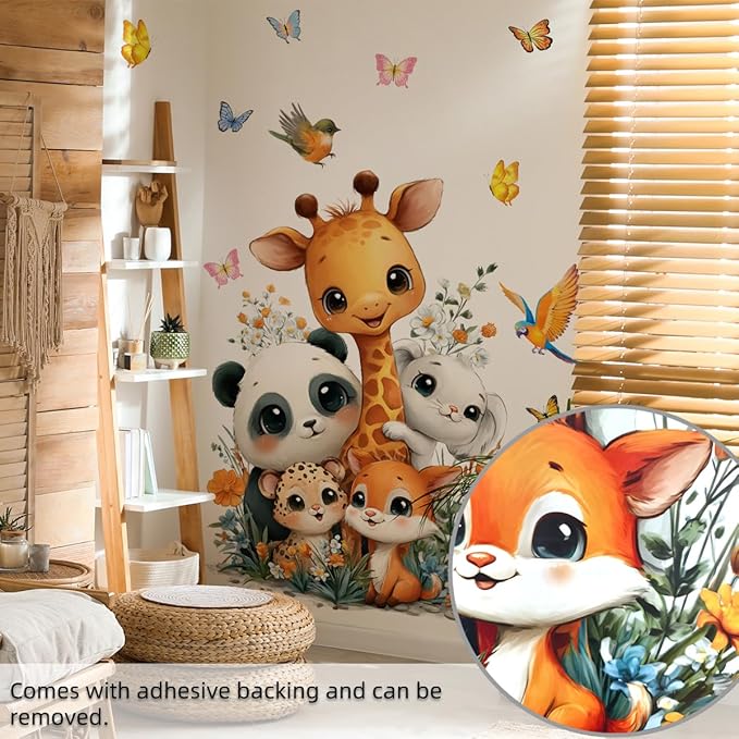 Jungle Safari Friends Wall Decal - Large 47" Animal Wall Sticker Set with Giraffe, Panda, Leopard for Kids Room, Removable Nursery Decor with Butterflies & Flowers, Playroom & Kindergarten Mural