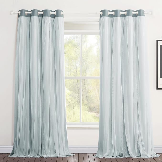 PONY DANCE Blackout Curtains Double Layer Curtains 84 Inches Long with White Sheer Elegance Grommet Window Panels for Girls Kids Room Darkening with Extra Tie-Backs (52x84, Shadow Blue, 2 PCs)