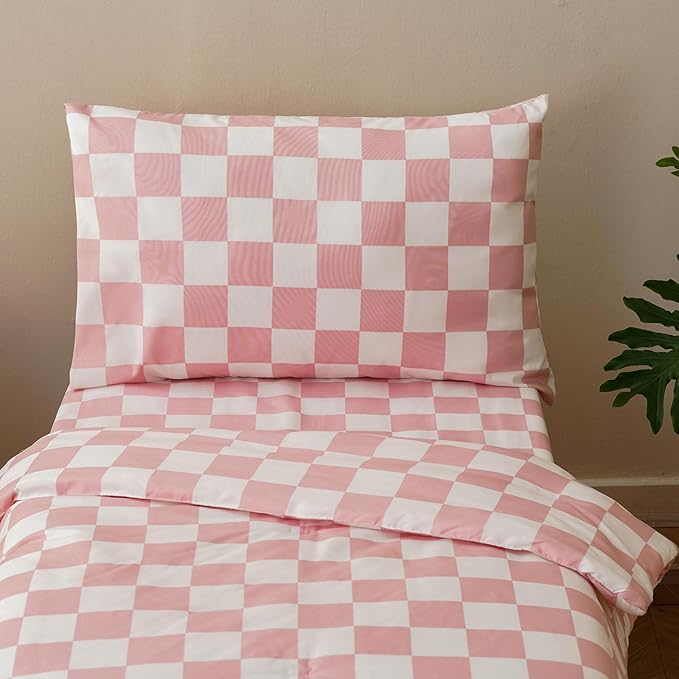 KAREVER Grid Toddler Bedding Set Pink White Checkered 4 Pieces Crib Bed Set Kids Pliad Comforter Set