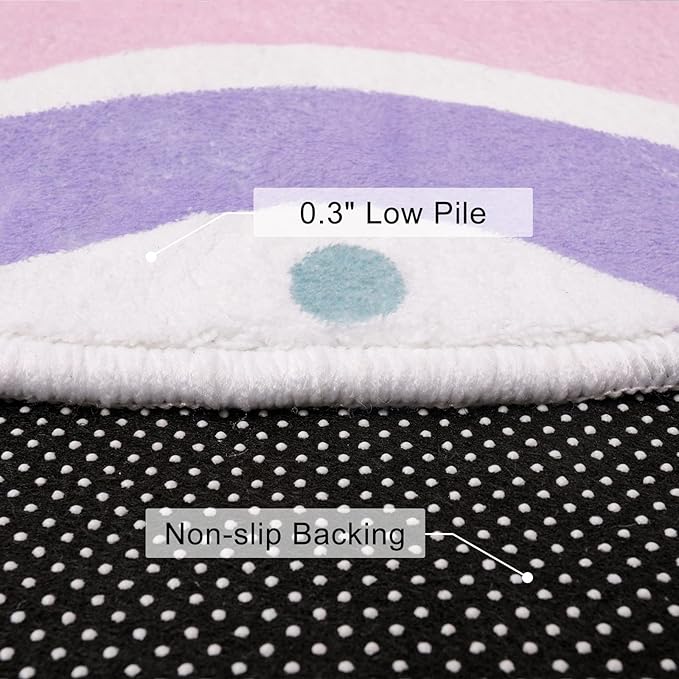STARUIA Pink Round Rug for Girls, 5 Ft Rainbow Kids Rug for Nursery, Colorful Washable Rugs for Bedroom, Non-Slip Circle Time Rugs Soft Polka Carpet for Kids Room Princess Castle