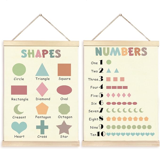 CGBHW Boho Educational Shape Poster Hanger Frame Set of 2, Geometry Number Learning Posters Wall Art Hanging Decor for Kids Room Nursery Classroom Home School Playroom Homeschool, 16x12 Inch