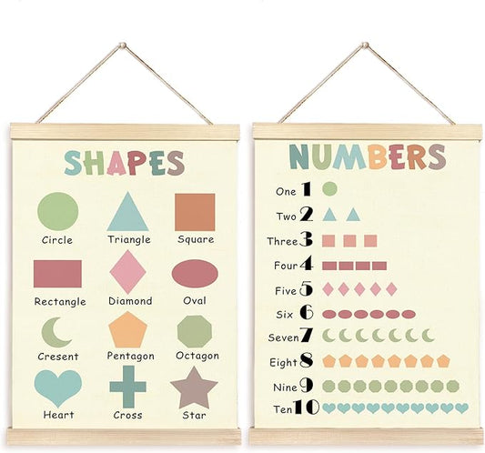 CGBHW Boho Educational Shape Poster Hanger Frame Set of 2, Geometry Number Learning Posters Wall Art Hanging Decor for Kids Room Nursery Classroom Home School Playroom Homeschool, 16x12 Inch