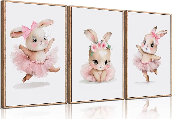 3 Pcs Pink Bunny Wall Art for Nursery Baby Room Cute Posters Prints Wall Decor Pictures Pink Preppy Dress Rabbit Ballet Artwork Canvas Paintings for Girls Room Bedroom Hone Decoration Unframed