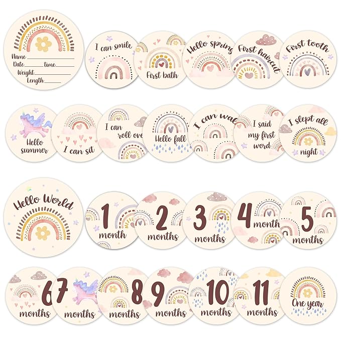 Baby Monthly Milestone Cards Sign - Double Sided Wooden Milestone Cards with Rainbow Design, Wooden Circles Discs for Photo Props Birth Announcement Board, Baby Shower/Gift Newborn Sign Set(13pcs)