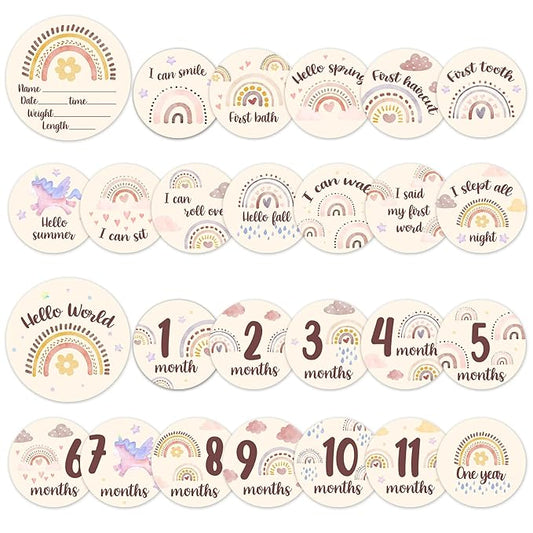 Baby Monthly Milestone Cards Sign - Double Sided Wooden Milestone Cards with Rainbow Design, Wooden Circles Discs for Photo Props Birth Announcement Board, Baby Shower/Gift Newborn Sign Set(13pcs)