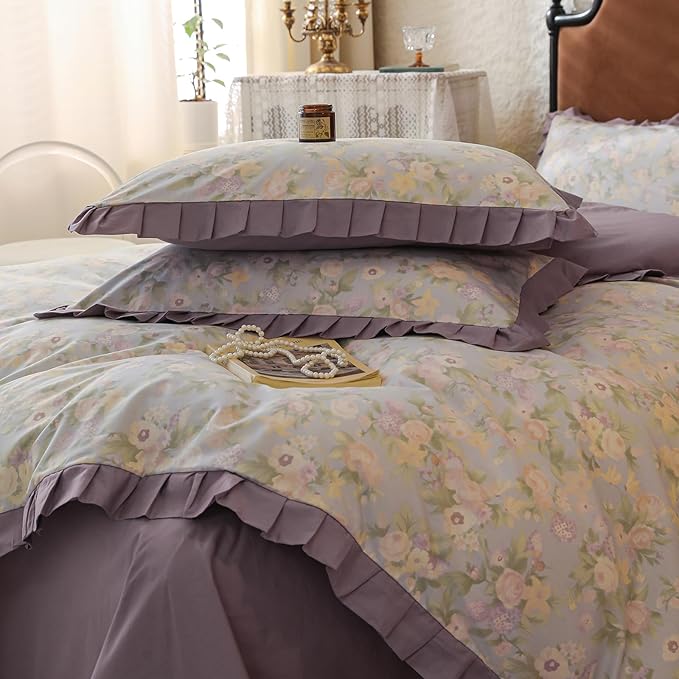 Purple Ruffle Duvet Covet Set Queen Cute Flower Comforter Cover Princess Style Lace Bedding Set Vintage Floral Duvet Cover for Teen Girls Romantic Ruffle Comforter Cover Floral Aesthetic Bedding Set