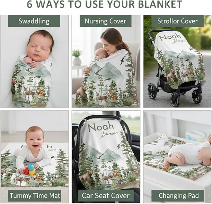 Personalized Woodland Baby Blanket with Name, Custom Name Blanket for Boy, Printed in USA, Super Soft Blankets for Newborn, Customized Gifts for Baby Shower Birthday Christmas