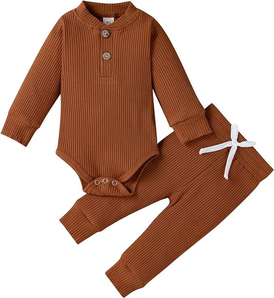 Newborn Baby Boy Girl Clothes Ribbed Knitted Cotton Long Sleeve Romper Long Pants Solid Color Fall Winter Outfits