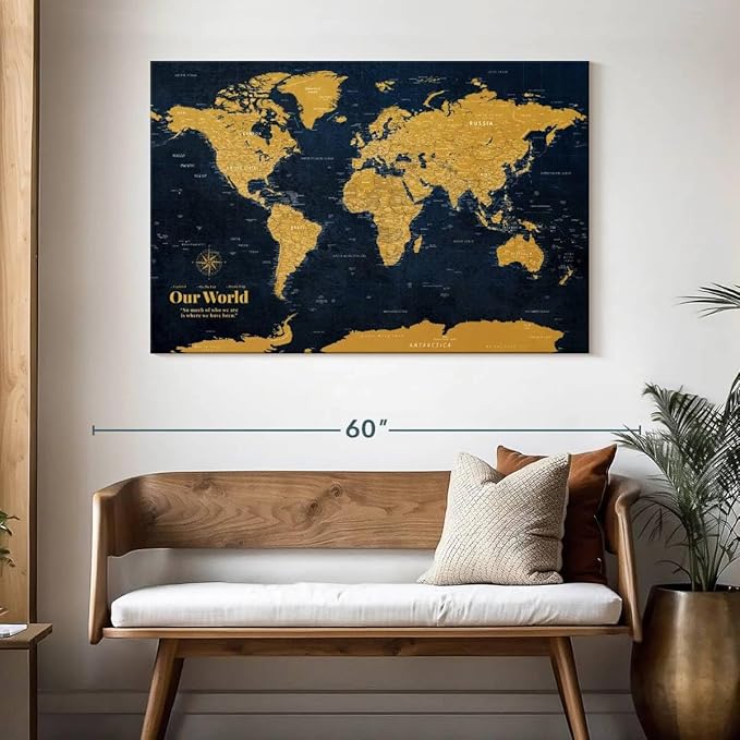 ElephantStock - Personalized Push Pin World Map - Gold Wall Art - Horizontal Canvas Wall Art - Living Room Wall Decor - Digital Art Map Canvas Art - Orange And Blue Decor - 48" x 32"