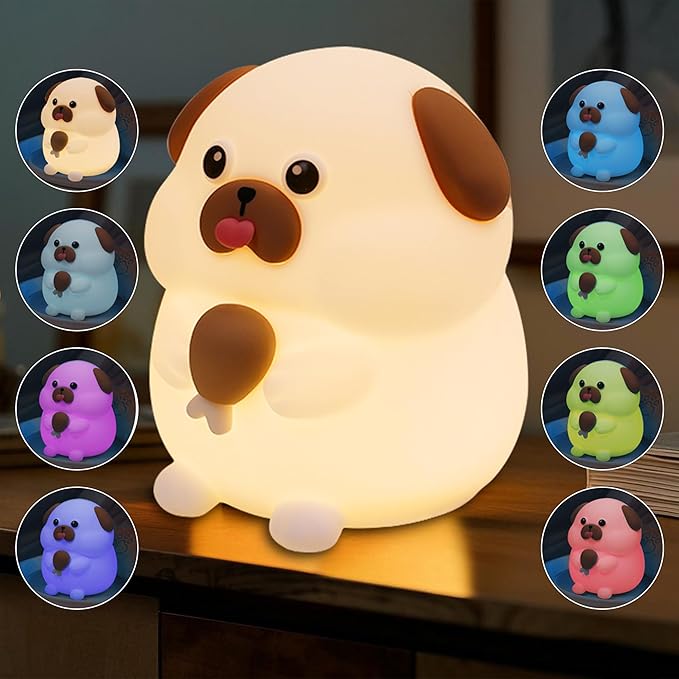 Greedy Dog Night Light for Kids, 3 Levels Dimmable Doggy Nursery Nightlight with Touch Color Change, Squishy Silicone Rechargeable Bedside Lamp for Children/Pregnant Mom/Elderly, Room Decor