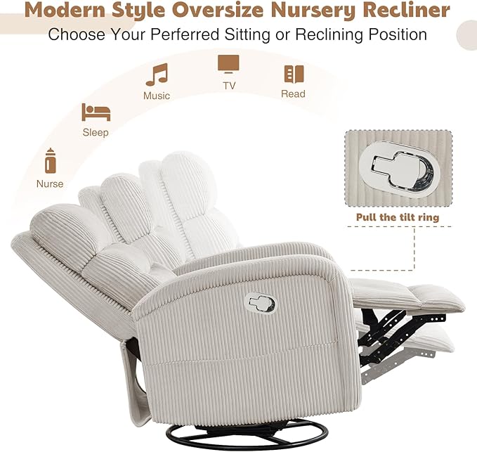 Swivel Rocker Recliner, Swivel Nursery Glider Recliner, Manual Rocking Recliner Chairs with Pockets and Large Arms for Living Room,Corduroy Camel