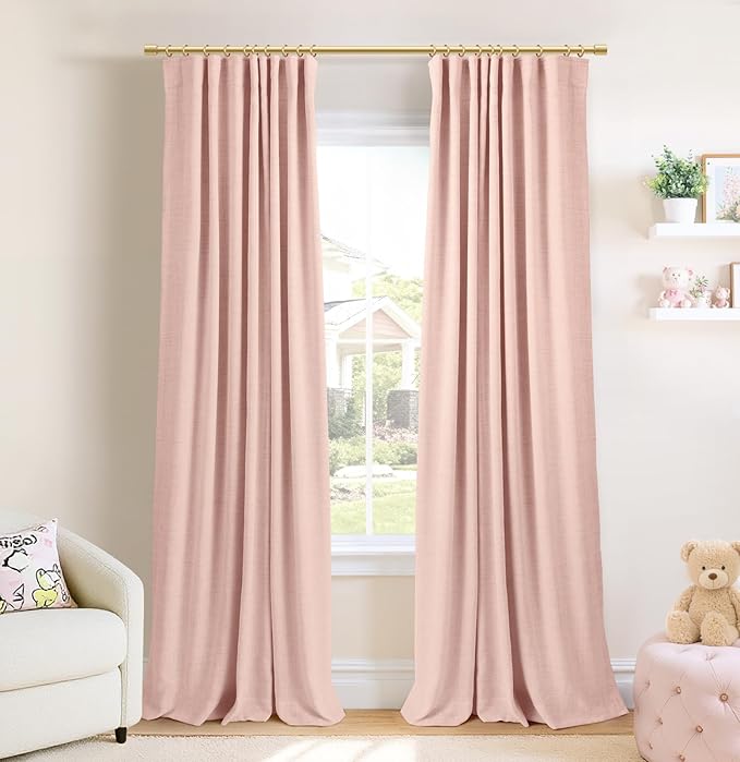 INOVADAY 100% Blackout Curtains for Bedroom, Black Out Curtains 96 Inch Long, Clip Rings Linen Blackout Drapes, Thermal Insulated Room Darkening for Living Room, 2 Panels - Blush Pink,W50xL96