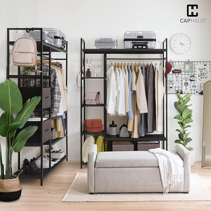 CAPHAUS 979lbs Capacity Heavy Duty Clothing Rack 48" W Metal Garment Rack with Drawers Hanging Rods and Wood Shelves Freestanding Closet Organizer, Black Board