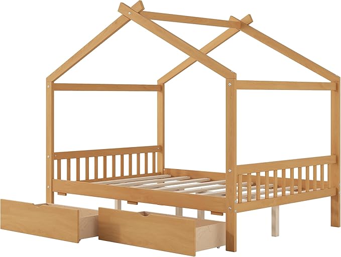 Harper & Bright Designs Full Size House Bed Frame for Kids, Wood Playhouse Platform Bed Frame with Two Drawers and Fence, Roof Design, Natural
