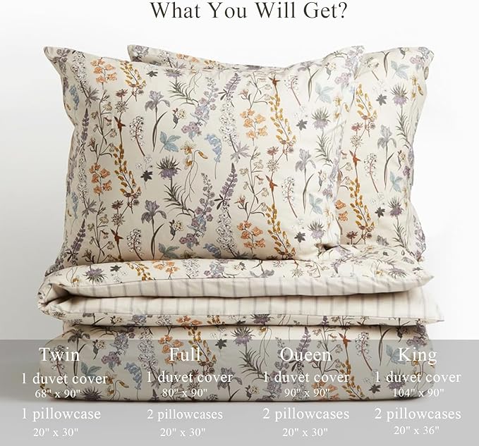 Floral Duvet Cover Queen 3 Pieces Aesthetic Reversible Striped Bedding Set Farmhouse Botanical Flowers Design Soft Washed Microfibre,1 Beige Duvet Cover with 2 Pillowcases