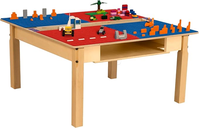 Contender Time-2-Play 35" Square Red & Blue Hardwood Lego Compatible Table for Kids with 16" Long Legs, Built to Last Children Desk for Playroom, with Trough & Shelf