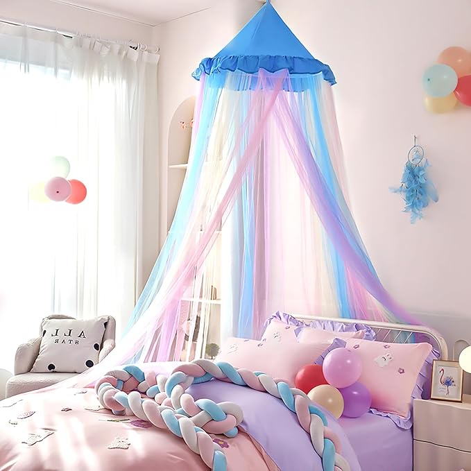 Kertnic Rainbow Bed Canopy for Girls Dreamy Mosquito Net for Bed Round Dome Princess Bed Canopy Girl Room Play Tent Kids Canopy Bed Netting Curtains (Single Layer- Blue)