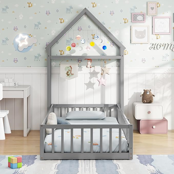 MAT EXPERT Twin Floor Bed with House-Shaped Headboard, Montessori Kids Bed with Detachable Clothes Hanger, Full Length Safety Guardrails, Solid Wood Twin Bed Frames for Kids (Gray)