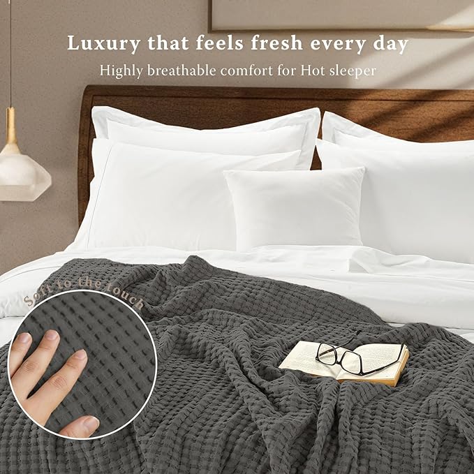 Threadmill Cooling Waffle Blanket King Size | Breathable, Lightweight and Cooling | Made from Rayon Derived from Bamboo | Waffle Throw Blanket for Couch and Sofa | 106 x 92 Inches | Scottish Grey