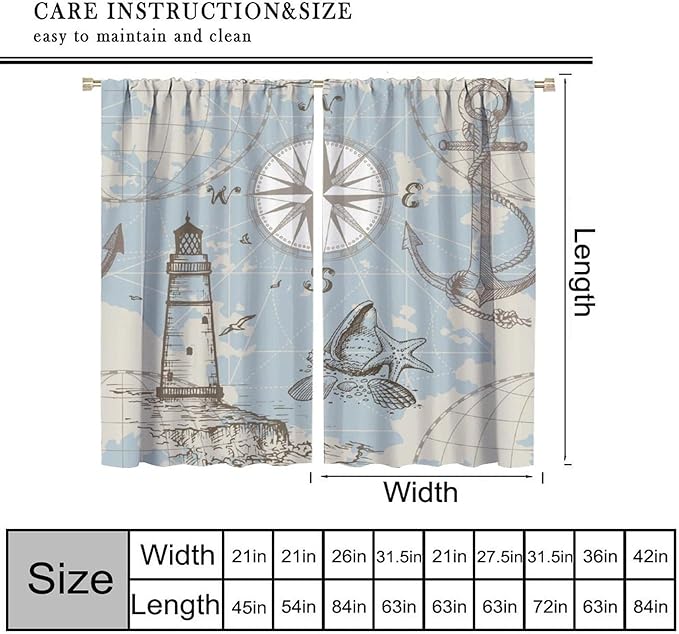 Nautical Costal Curtains, Compass Lighthouse Anchor Sailboat Pattern Blackout Print Home Bedroom Living Room Window Treatments 2 Panel Set 63x72 Inch