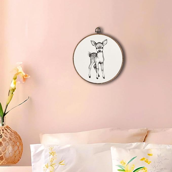 Vintage Deer Round Wall Art Framed, Cottagecore Deer Round Wall Decor, Retro Animal Farmhouse Hanging Canvas Prints Wall Sculptures for Home Nursery Bedroom Decor, 10x10 Inch