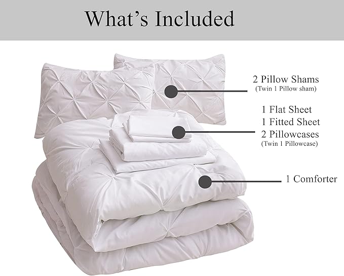 LANE LINEN Twin Comforter Set, 5 Piece Bedding Set, Pintuck Bed in a Bag, Bed Set with Sheets, Pillowcase & Sham, Bedding Comforter Sets - White