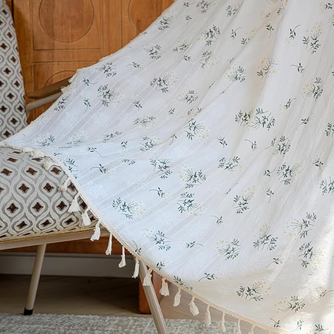OYX Boho Curtains 63 Inch Length 2 Panels for Living Room, Bedroom Light Filtering Drapes, Farmhouse Vintage Country French Rustic Tassels Pattern Rod Pocket Aesthetic Decor Window Treatments