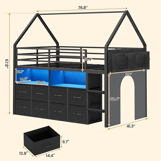 BTHFST Twin Size Loft Bed for Kids, 8 Storage Drawers & LED Lights, House Shaped Metal Bed with Bookcase, Soft Foam Ladder, 13.4" Safety Guardrail, Space Saving, Fun Curtain