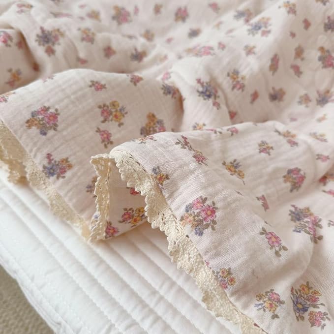 BuLuTu Retro Design Tuberose Flower Quilt Blanket for Toddler Girls Chic Floral Crib Comforter Soft Gauze Toddler Bedding Lightweight Comforter for All Seasons, Machine Washable, 60x78 Inches