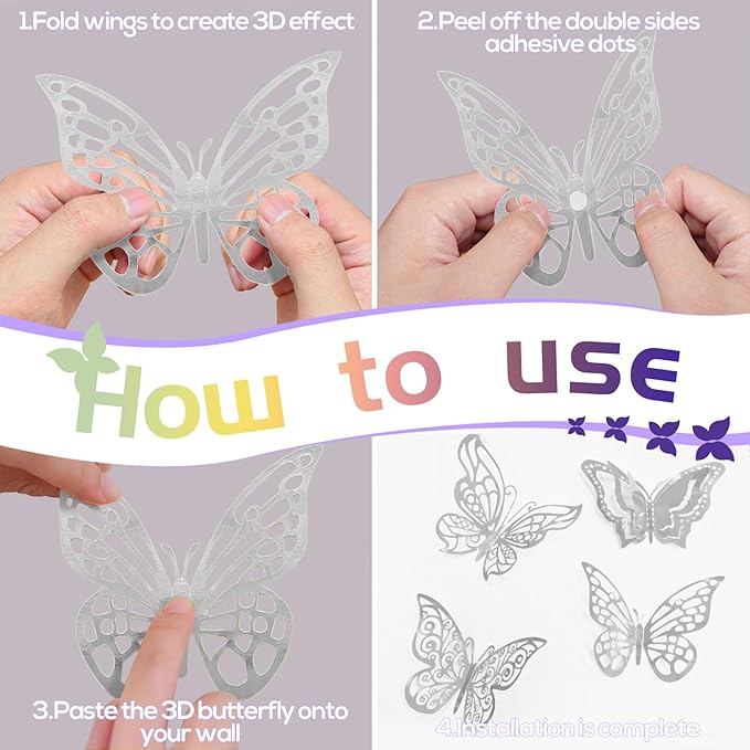 96 Pcs Butterfly Decorations 3 Sizes 4 Styles 3D Butterfly Wall Decor Party Decorations Butterflies for Crafts Birthday & Wedding Celebrations Cake Decorating Balloons Removable Stickers Silver