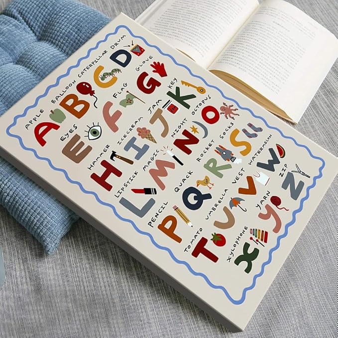 Cute First Illustration Alphabet Learning Canvas Print Posters Eclectic Nursery Wall Art Funny Boho Kids Educational Abc Chart Colorful Decor Picture for Toddlers Classroom Playroom 24x36inch Framed