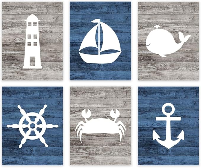 Andaz Press Ocean Nautical Sailor Theme Nursery Kids Bedroom Hanging Wall Art Decor, 8.5x11-inch, Rustic Distressed Blue Wood, Anchor, Lighthouse, Whale, 6-Pack, Unframed Room Poster