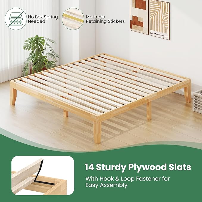 KOMFOTT 14 Inches Wood Platform Bed Frame King Size, Wooden Mattress Foundation with Rubber Wood Frame, Strong Wooden Slats Support, No Box Spring Needed, Bed Frame (Natural)