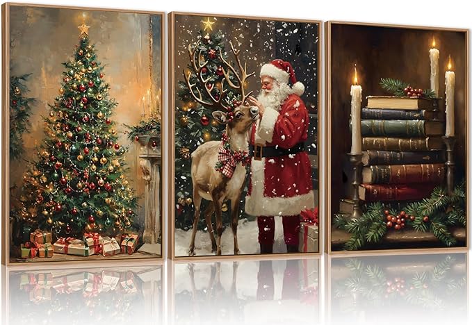 FWIEXA Christmas Santa Claus Reindeer Canvas Wall Art Set 3, Vintage Xmas Pine Tree Framed Prints, Dark Winter Snow Pictures Wall Decor,16x24In Book Bells Candles Artwork for Holiday,Gift,Living Room,Bedroom