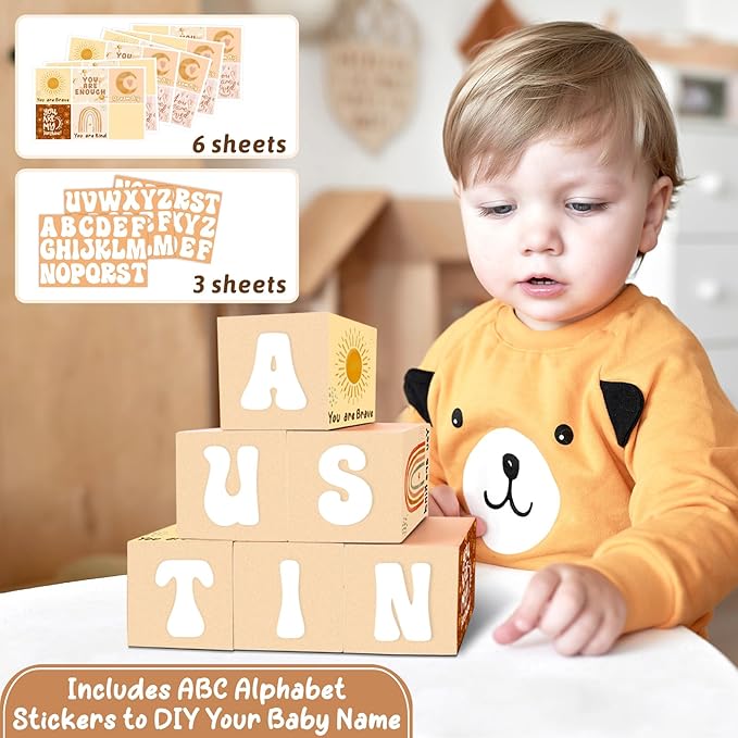 Wooden Custom Name Baby Blocks Set for Desk Table Boho Playroom Signs for Girls Boys Alphabet Inspirational Baby Room Shelf Decor Watercolor Rainbow Sun Decor for Bedroom Nursery Babies Shower Gifts