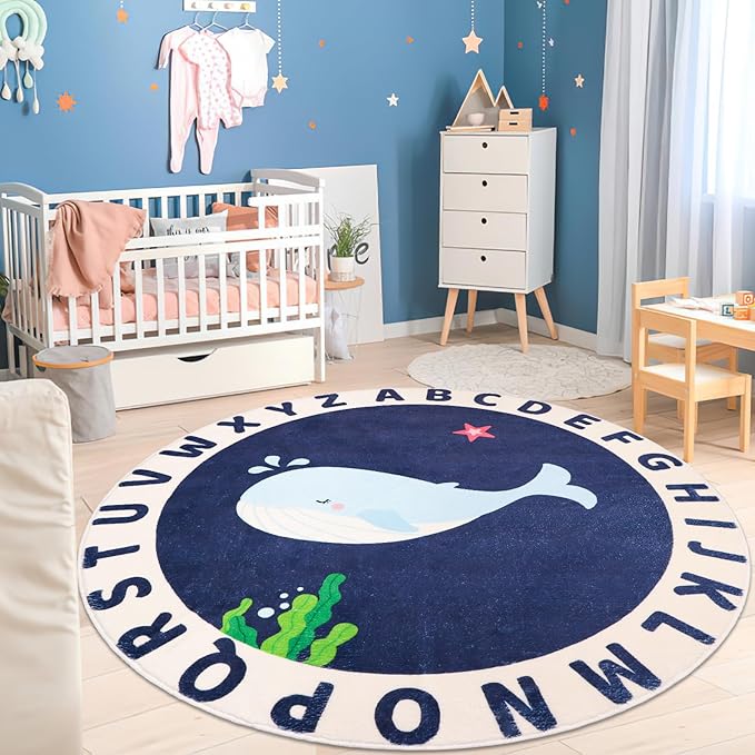 Round Kids Rug for Playroom,4ft ABC Alphabet Whale Kid Rug,Non-Slip Kids Rug Play Mat,Washable Educational Classroom Rug Kids Area Carpet for Kids Room Bedroom Nursery Playroom Decor