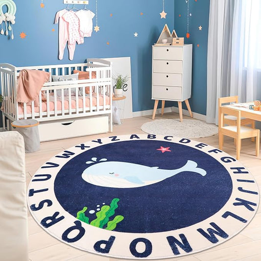 Round Kids Rug for Playroom,4ft ABC Alphabet Whale Kid Rug,Non-Slip Kids Rug Play Mat,Washable Educational Classroom Rug Kids Area Carpet for Kids Room Bedroom Nursery Playroom Decor