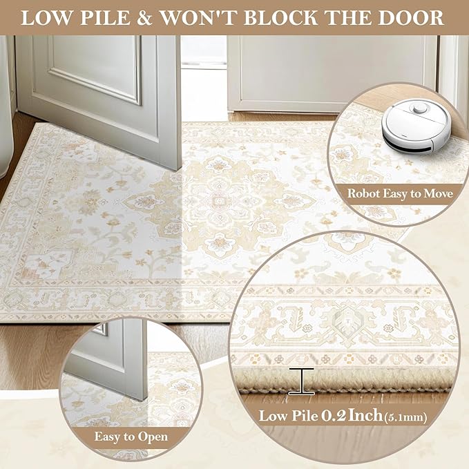 Machine Washable Rugs Nursery Rug 2x3 Area Rugs Girl Non Slip Low Pile Water Repellent Soft Print Pattern for Bedroom Indoor Decor Kids Playroom Cream