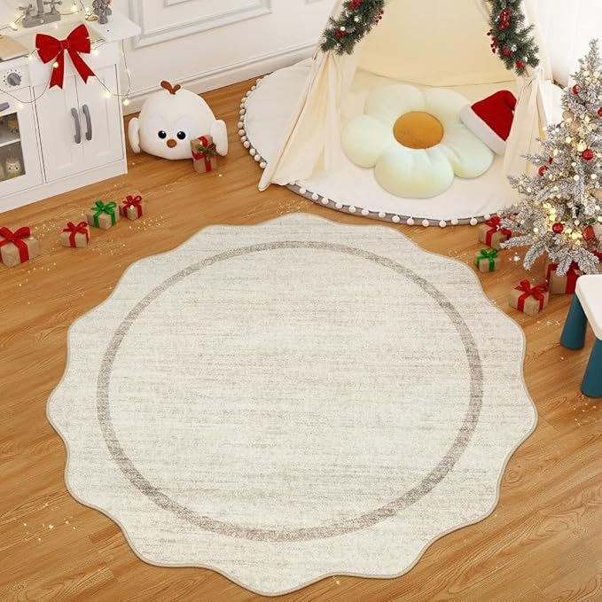 GarveeHome Scalloped Round Rugs 6 ft Washable Area Rug for Playroom, Kids Non-Slip Neutral Classic Circle Rug Modern Large Carpet Soft Boys Rug for Classroom Dorm Bedroom, Beige