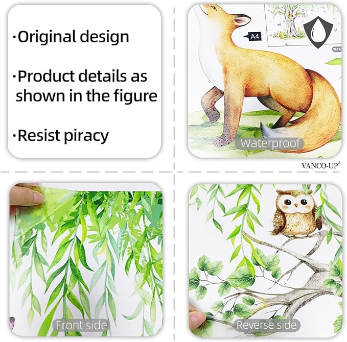 Large Pendulous Tree Woodland Forest Wall Decals, Hanging Green Tree with Animals Birds Wall Stickers for Nursery Kids Room Wall Decor, 74.8x42.5 inch
