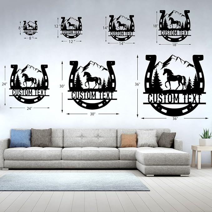 Personalized Horse Metal Sign with Horseshoe – Custom Name Rustic Farm & Home Decor, Black Wall Art
