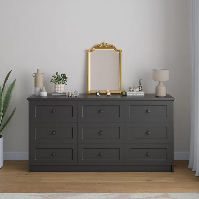 63'' W Long Modern Dresser 9 Drawers with Handles, Black Dresser & Chest of Drawers with Large Capacity Storage, Freestanding Storage Dressers for Bedroom, Living Room, Hallway (Black)