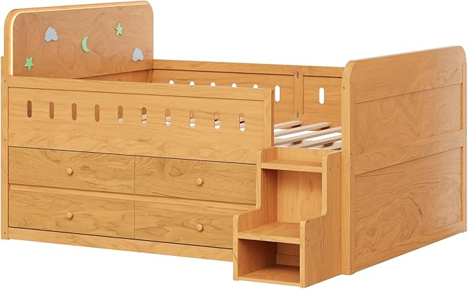 Full Size Platform Bed with Guardrail and 4 Drawers, Wooden Kids Platform Bed Frame with Two-Step Staircases and Light Strip for Boys Girls, Sturdy Slats Support (Wood-11A)