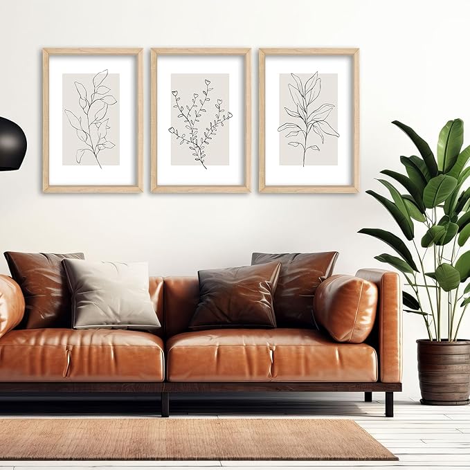 YWJKWLGS Neutral Botanical Prints Framed Wall Art Decor 16x24 Inch Set of 3 Boho Plant pictures Sign minimalist Vintage for Bedroom Office bathroom Wall Hanging (Wood)